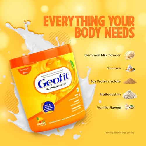 Image of Geofit Mango Flavour Nutrition Powder | Mango Protein Powder for Muscle Building, Better Immunity & Health | Minerals & Multivitamins Rich Powder- 250g