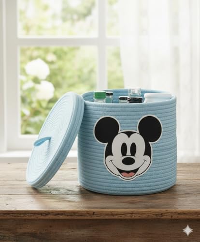 Image of Jute Basket For Storage Cotton Rope Toys Basket With Lid Handwoven Natural Foldable Laundry Hamper for Home, Office, Living Room Size 10x10 inch (aqua micky)