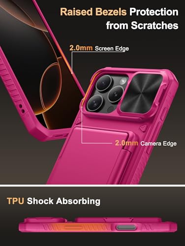 Image of Vihibii PC,Silicone For iPhone 16 Pro Max Case Wallet With Card Holder(4 Cards)[RFID Blocking] & Slide Camera Cover & Raised Edges Protect Screen,Shockproof Rugged 6.9 inch 2024,Pink