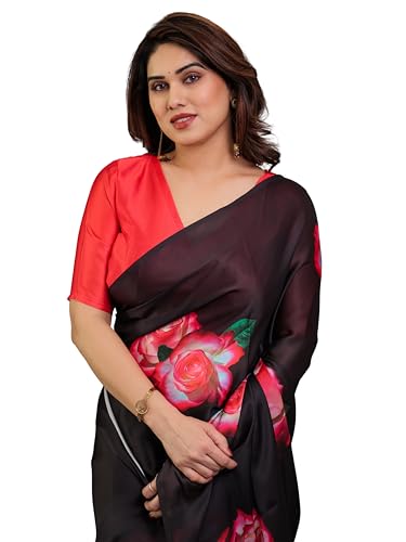 Image of ALMAARI FASHION Satin Georgette Floral Printed Saree with Blouse, 5.5 Meter Saree with 0.8 Meter Blouse, Traditional (SG 108 SH)