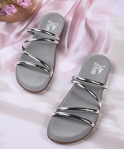 Image of JM LOOKS Women Minimalist Multi Strap Flat Sandals Daily Wear Comfort Open Toe Slip On Slides