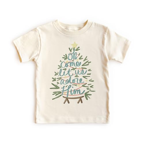 Oh Come Let Us Adore Him - Christian Christmas Shirt - Jesus Manger Christmas Tree - Boy Girl Toddler Youth Kids Clothing