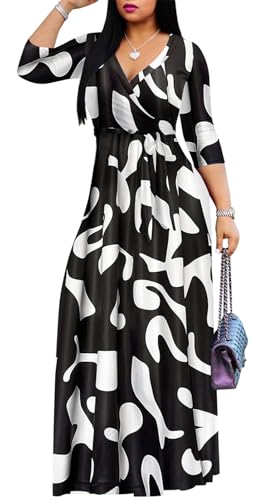 Image of Women's Floral Maxi Dress Summer Casual V-Neck 3 /4 Sleeve Long Bohemian Print Evening Party Dress