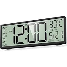 XREXS 14.5" Digital Wall Clock Battery Operated with Big Digits LCD Screen Display, Large Display Timer with Temperature Date Week Auto DST, Alarm Clock for Classroom, Livingroom, Office