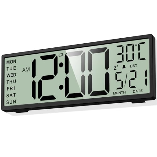 XREXS 14.5 Digital Wall Clock Battery Operated with Big Digits LCD Screen Display, Large Display Timer with Temperature Date Week Auto DST, Alarm Clock for Classroom, Livingroom, Office