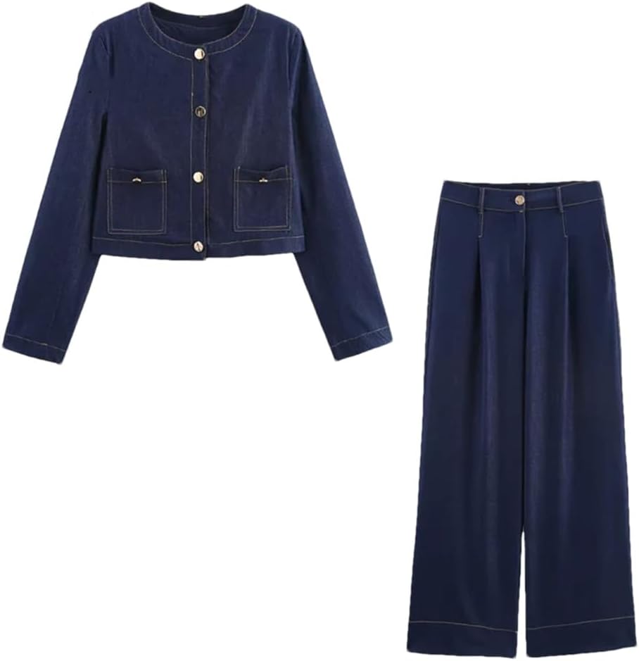 Womens Denim Jacket And Vintage Casual High Waist Trousers Set