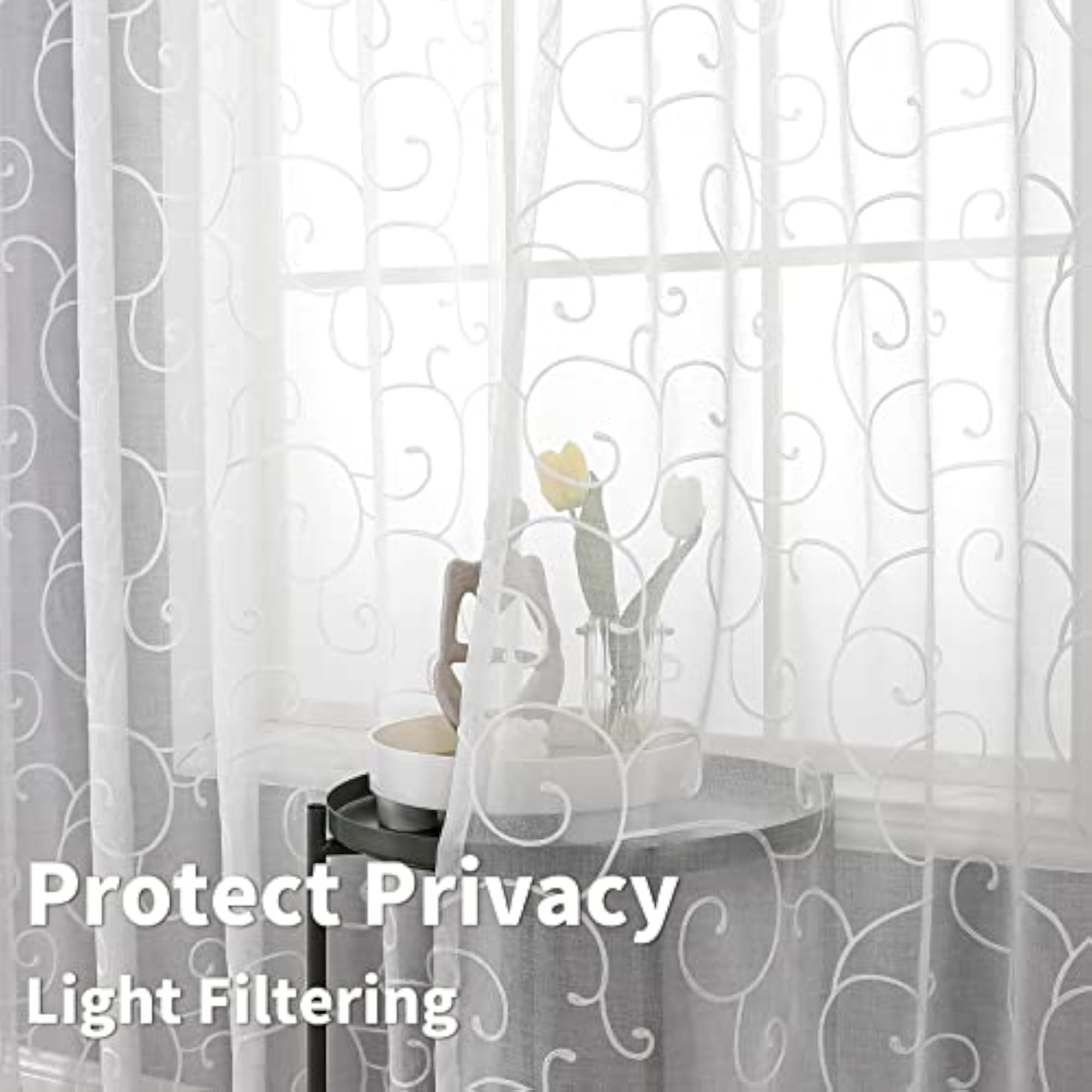 Embroidered White Semi Sheer Curtains 84 Inches Long