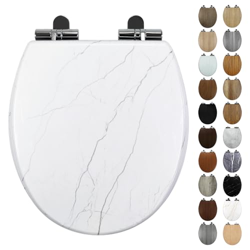 Image of Fanmitrk White Marble Wooden Toilet Seat Soft Close, 18mm Thickened MDF Wood Toilet Seat with Adjustable Strong Zinc Alloy Hinges, Comfortable, Durable, Easy Cleaning (MF-J2504)