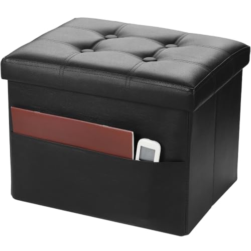 Image of Bsketa Storage Ottoman Bench,17 Inch Folding Leather Foot Rest Stool, Black | Small Ottoman with Side Pockets, Thicker Foam Padded Seat, Livingroom, Dorm, Bedroom, Easy to install, 43L,17x13x13in