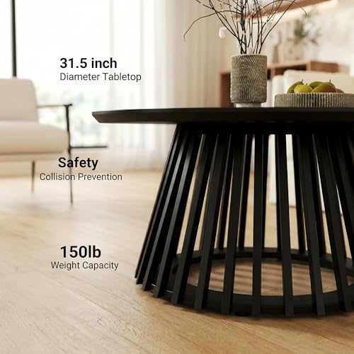 Image of HNY Black Round Coffee Table, Wood 31.5 inch Center Table for Living Room | Modern Mid Century Circle Coffee Table with Fluted Base for Outdoor Patio, Home Small Space, Bedroom, Apartment, Studio