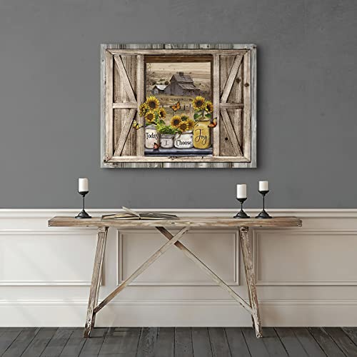 Sunflower Wall Art Canvas Print Rustic Wall Decor Faux Barn Doors Sunflower Jars On Barn Painting Picture Framed Modern Farmhouse Artwork For Living Room Bedroom Bathroom Office Home Decor 12X16 In #TOP1