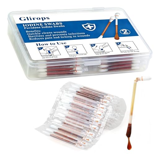 100 Sticks Povidone Iodine Swabsticks - FSA/HSA Snap-to-Activate Iodine Swabs for First Aid & Nasal Care 10% Solution Wound Care Supplies Individually Wrapped in Reusable Case