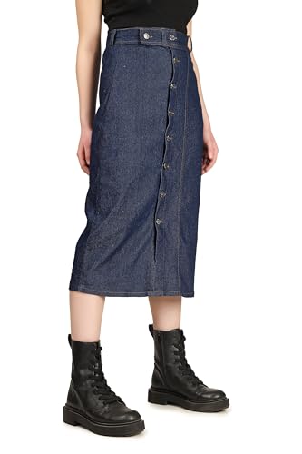Image of Button Side Split Denim Long Straight Skirt for Women & Girls