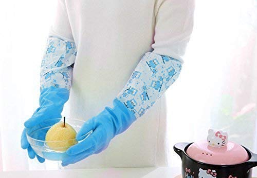 Image of Reusable Rubber Latex PVC Flock lined Long Elbow Hand Gloves Safety Kitchen for Dish-Washing, Cleaning, Gardening, Laundry and Sanitation and Lab Work (Blue) (2 Pair Blue)