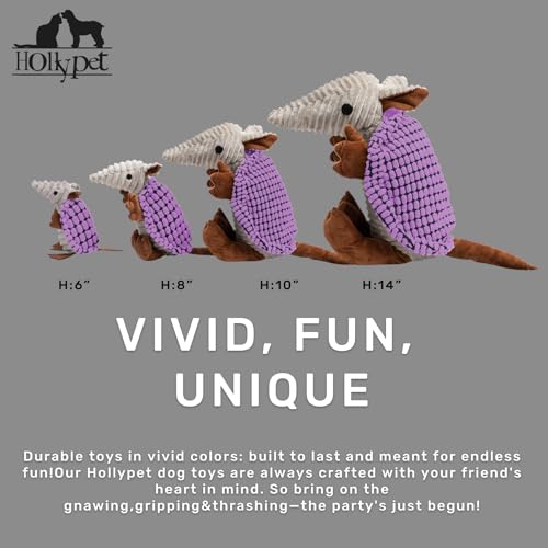 Image of Hollypet Plush Dog Squeaky Toy Stuffed Armadillo Animal Pet Puppy Chew Toys with Clean Teeth for Small Medium Large All Breed Sizes Dogs, Purple, 8 in