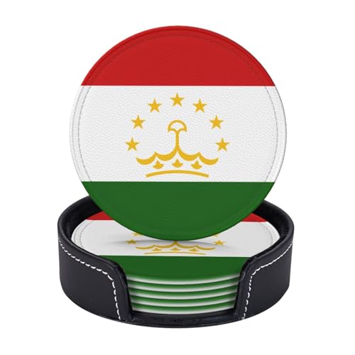 Lot de 6 sous-verres ronds en cuir synthétique avec support, motif drapeau du Tadjikistan