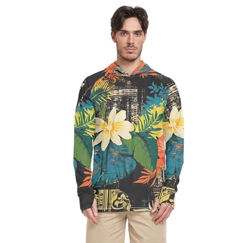 RPLIFE Mermaid Scales Mens Sun Hoodie, Long Sleeve Hooded Shirts for Men, Light Hoodie Men, Hiking Hoodie, Traditional Hawaiian Style Floral, Large