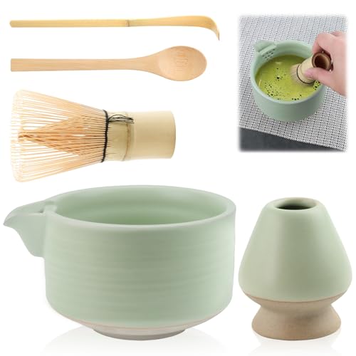 TAIHOBO Matcha Set, 5PCS Reusable Matcha Kit Includes Matcha Whisk and Bowl 550ml Ceramics with Spout, Whisk Holder and 2 Bamboo Spoon, Matcha Tea Set For Home, Office and Tea Room, Gift for Christmas