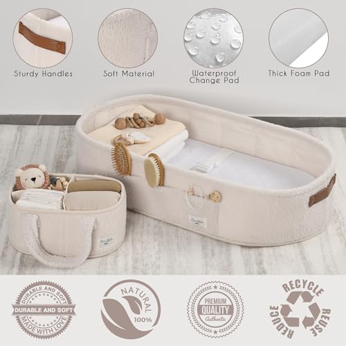 Image of PeraBella Baby Changing Basket for Dresser Top, Baby Moses Basket for Newborn, Portable Diaper Changing Pad Table Topper for Dresser, Includes Diaper Caddy Organizer with Handle, Moses Bassinet Mat