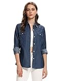 Aeslech Women's Chambray Button Down Shirt Long Sleeve Cotton Blouse Lightweight Denim Tops Blue XL