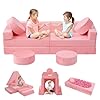 Homfine 16pcs modular kids play couch kids couch sofa for children bedroom and playroom furniture for toddlers convertible foam and floor cushion for boys and girls bright pink  urban country home decor