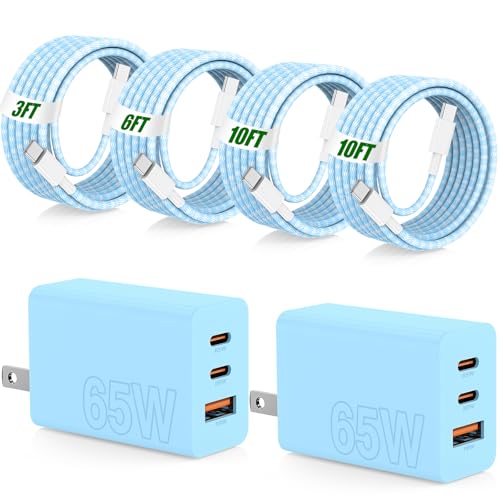 Image of 65W Super Fast Charger Type C for Samsung,3 Port 100W Quick Charging 3.0 USB C Block & 3 /6 /10 /10FT Braided Type C Cord for Samsung Galaxy S26 Ultra /S26 /S25 Ultra /MacBook Air /iPhone 17 18 Pro-Blue