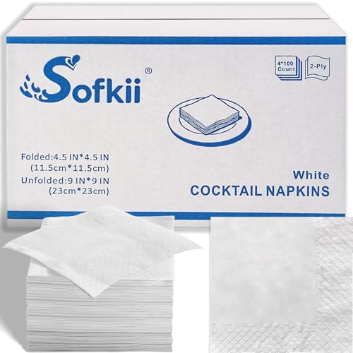 Sofkii 400 Count White Cocktail Napkins 4.5x4.5 Inch 2-Ply FSC-Certified Napkins Bulk Beverage Napkins for Dinner Wedding Bar Party and Daily Use