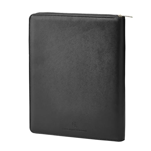 Gallaway Leather Zippered Portfolio Organizer,Genuine Leather Executive Business Binder Padfolio for Men and Women, Holder for Notebook Planner,Resume,Documents,Cards and iPad (Black)