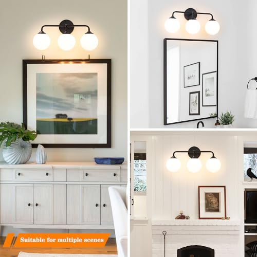 Image of Black Bathroom 3-Lights Vanity Light Fixtures, Minimalist Vanity Lights with Milky White Glass Shade, Modern Wall Sconces over Mirror, Wall Lamp for Bathroom Dressing Table Bedroom Living Room