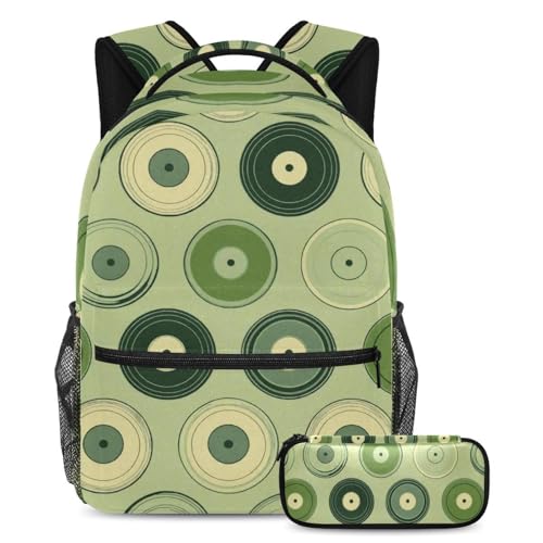 Cartables motif disques verts avec trousse pour garçons et filles