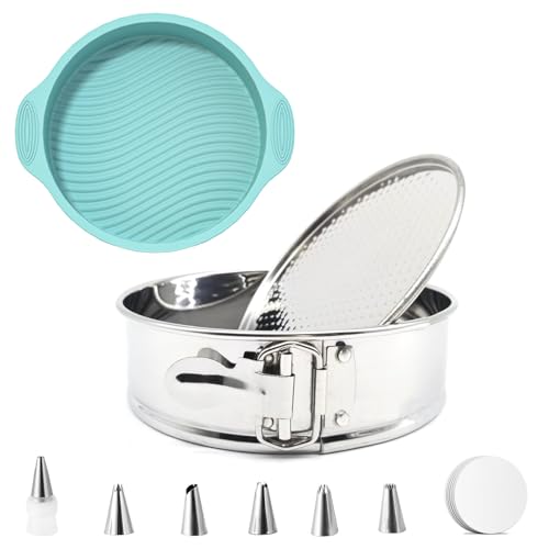IDAMAKON Springform Kuchenform Set, Ø 18 cm runde Kuchenbackformen mit Silikon Schutz, Auslaufsicher, Edelstahl Springform mit Abnehmbarer Boden für Kuchen,...