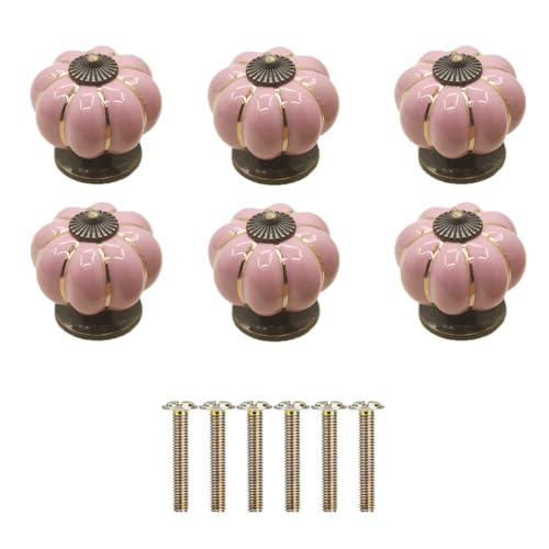 Yuaaoh 6Piezas Pomos Ceramica Calabaza, Tiradores Porcelana Cajones Vintage, Manijas para Muebles con Tornillos Para Armarios, Cajones, Cocina, Alacena, Dormitorio, Aparador 4x4x4cm (Rosa)