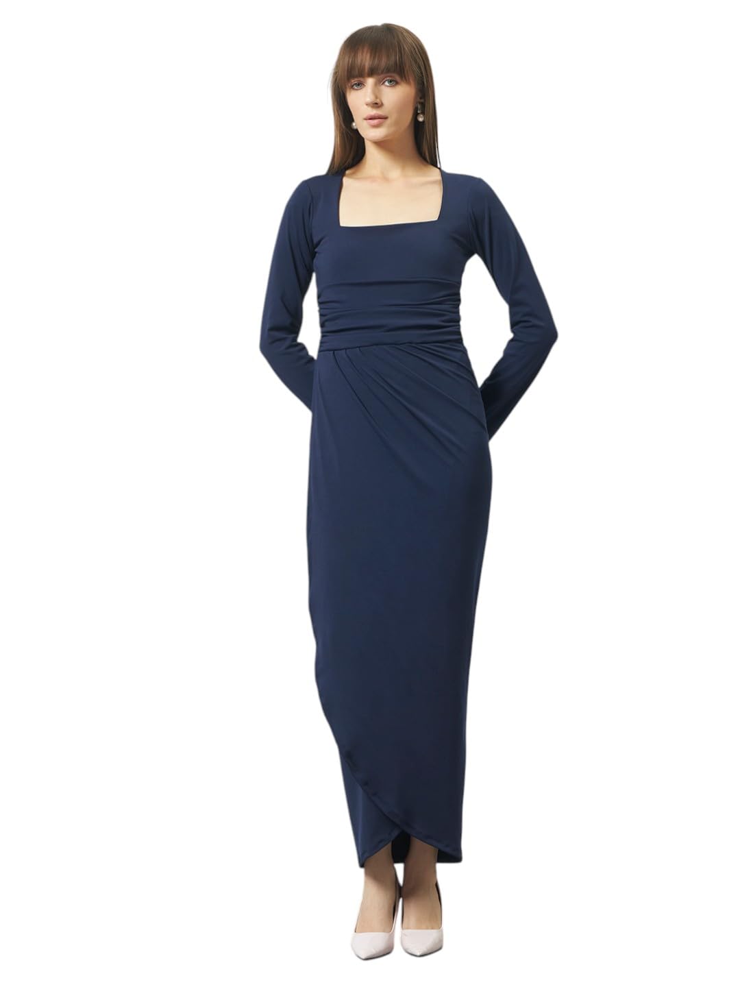 Trend Arrest.ed Women's Bodycon Midi Dress | Square Neck Wrap Style | Stretchable | Full Sleeve Fitted Dress for Party, Evening, Casual Outings & Date Night-picture-11