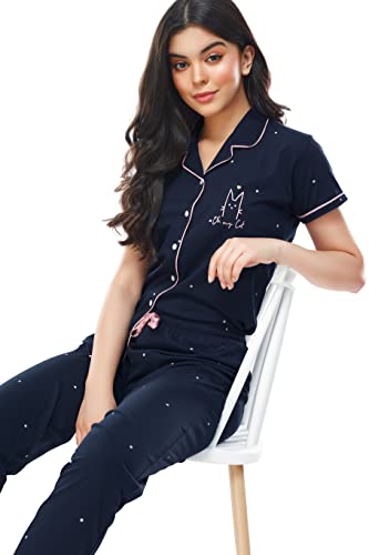 Image of ZEYO Women's Cotton Dot Printed Korean Night Suit Set of Shirt & Pajama Set (Available in Plus Size)