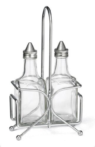 Tablecraft Glass 6 Oz Oil/Vinegar Cruet Set with S/S Tops and Rack