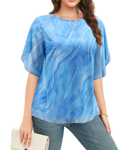 Image of Oyamiki Womens Half Sleeve Layered Flowy Chiffon Blouses Round Neck Shirts Tops