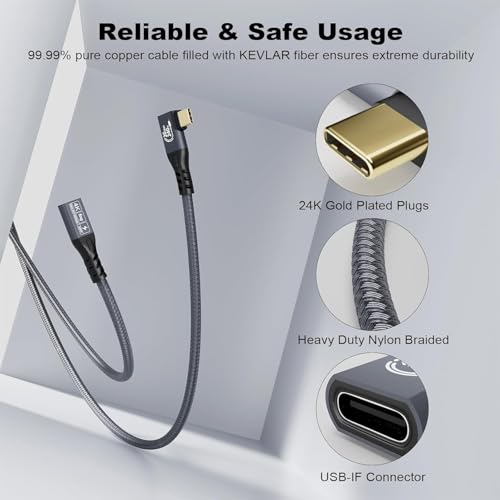 CableDeconn Przedłużacz USB C 3.2, Gen-2, 240 W, kabel do ładowania, złącze Thunderbolt 3 mężczyzna na kobietę, transmisja danych 20 Gbps 48 V/5 A typ C wideo 4K kompatybilne z MacBook M1/M2/M3 (USB