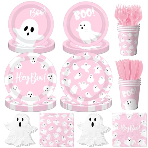 Halloween Paper Plates and Napkins, 168Pcs Pink Halloween Decor G...