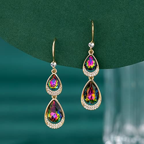 Austrian Crystal Halo Double Teardrop Hollow Drop Dangle Earrings For Women 14K Rose Gold Plated Hypoallergenic Jewelry Gifts For Women Girls (Vitrail Medium) #TOP3