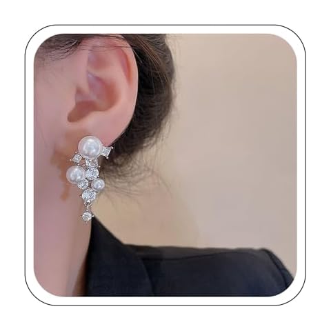 YienDoo Pearl Crystal Tassel Drop Earrings Long Silver Wedding Crystal Pearl Multi Beaded Cluster Chandelier Dangle Earrings Statement Bridal Pearl Rhinestone Drop Stud Earrings Jewelry for Women Cover