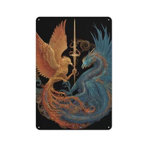 Image of Game Room Phoenix And Dragon Duo Decorative Metal Plaque, Wall Decor for Home Office, Studio And Creative Room, 30x20cm