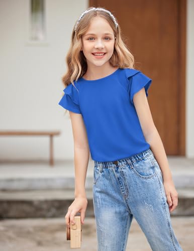Image of Girls T Shirts Ruffle Short Sleeve Round Neck Loose Blouse Summer Solid Color Casual Girl Tee Tops for 3-12 Years