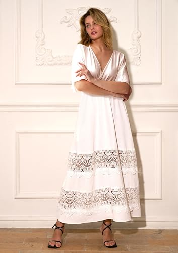 Women's Boho Maxi Dress Short Sleeve V Neck Long Flowy Dresses Smocked Waist Lace Wedding Guest Dress with Pockets3