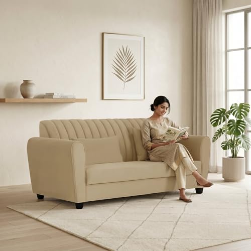 Image of Velvet 2 Seater Sofa, Chesterfield Tufted Sofa with Nailhead Trim, Rolled Arm Sofa with Wood Legs for Living Room & Office (Cream)