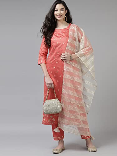 Image of INDO ERA Women's Embroidered Viscose Straight Kurta with Pant & Dupatta Set (Pink KH9PK9216 X-Large)
