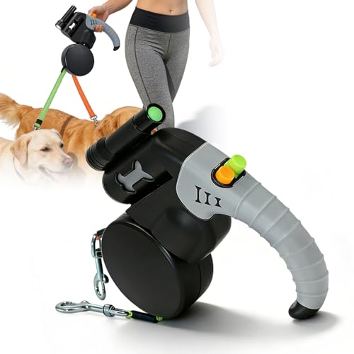Guinzaglio retrattile 3 m, guinzaglio per cani di piccola e media taglia, doppio guinzaglio per 2 cani con torcia elettrica, dispenser per sacchetti, guinzaglio riflettente, anti-groviglio a 360°