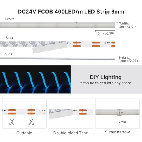 Image of BTF-LIGHTING Blue Color 3mm Width Ultra Thin FCOB COB LED Strip,UL Listed Super Narrow Uniform Light,16.4FT DC24V CRI90+ LED Tape Light for Home Indoor DIY Lighting(No Adapter or Controller)