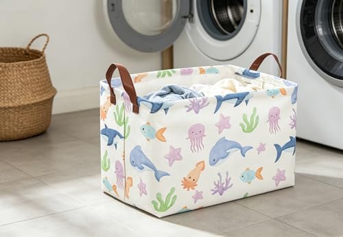 Image of Essme Rectangular Basket, Storage Basket with Handles for Room Decor,Ocean Storage Bin(Ocean)