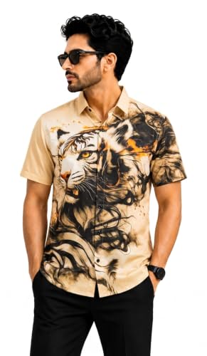 Image of Men's Watercolor Lion Print Button-Down Shirt, Short Sleeve, Casual Summer Wear, White