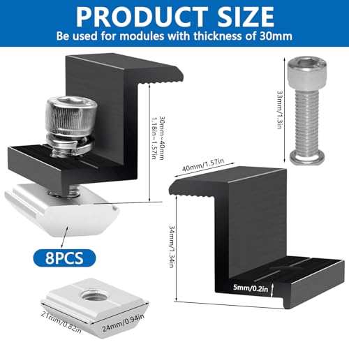 8 Stück Solarmodul Halterung Endklemme 30mm Schwarz, PV Modul Endklemmen, Solarpanel Halterung, Aluminiumlegierung Halterung Solarpanel, Befestigung Solarmodul für Dächer, Böden, Camping, Wohnwagen